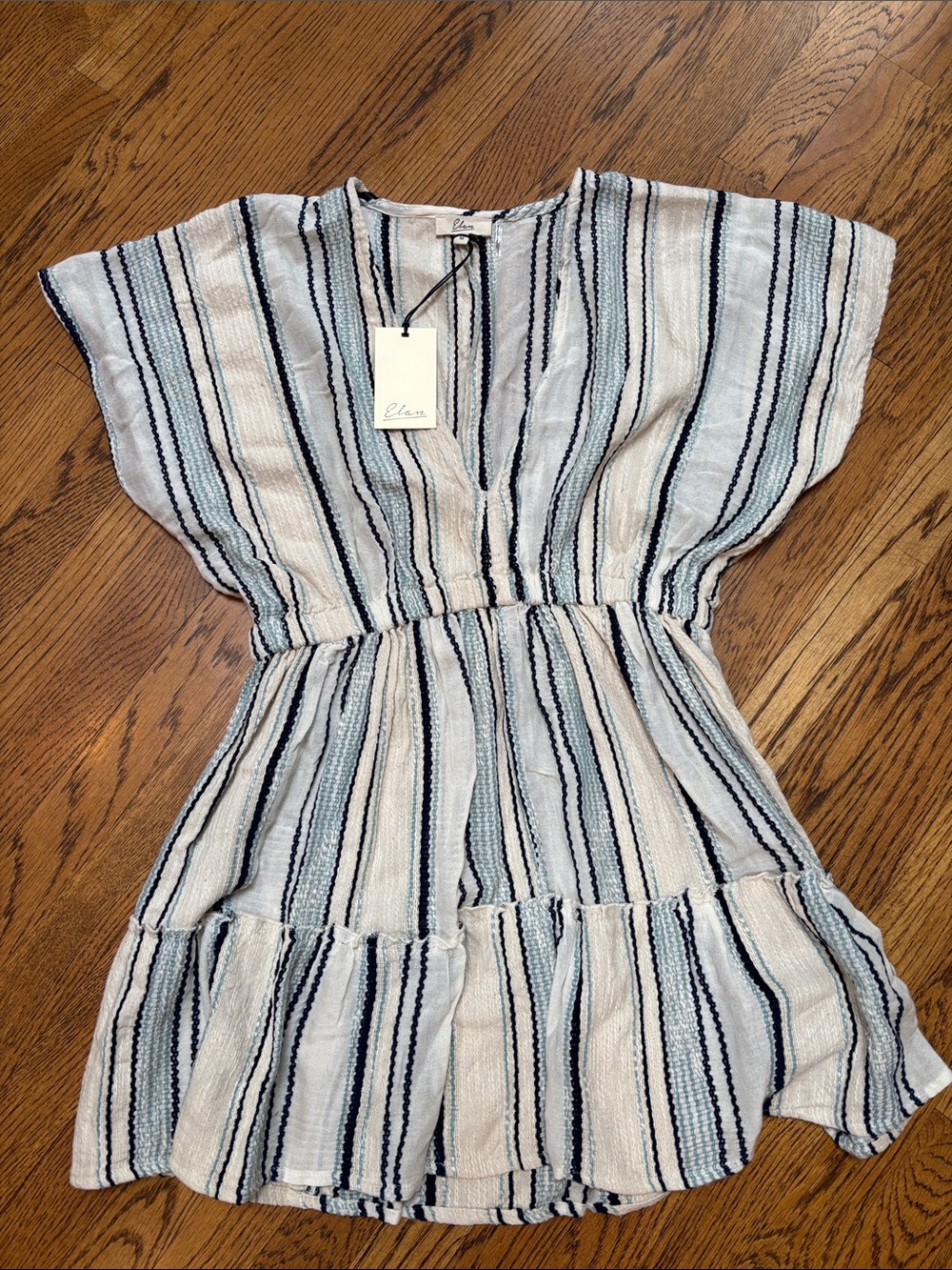 Elan Ivory and Navy Striped Textured Mini Dress